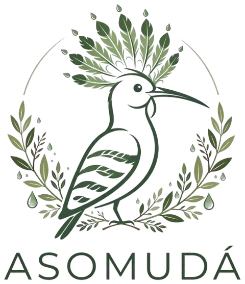 Logotipo de Asomudá: una abubilla con penacho de hojas entre ramas